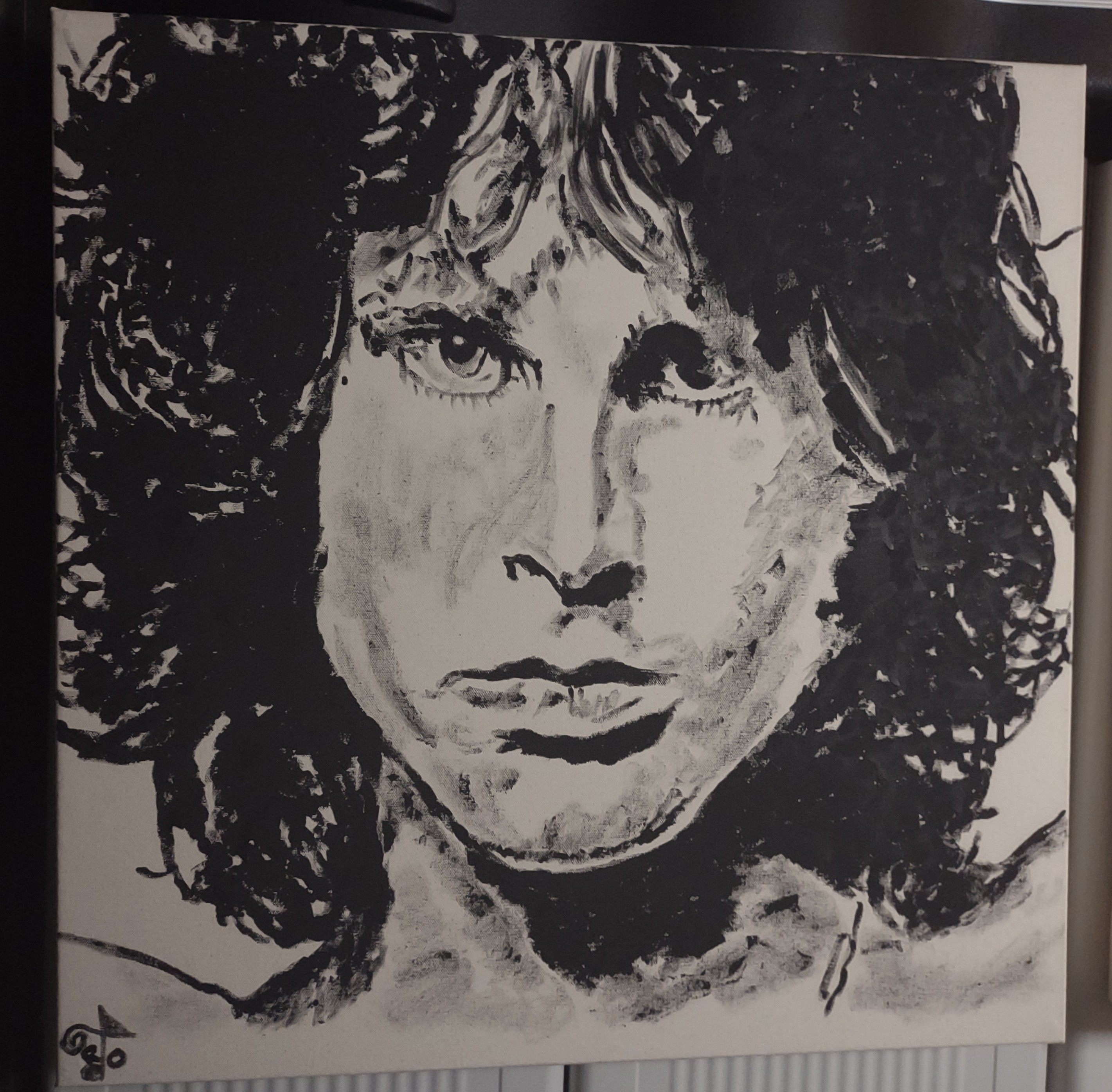 Painting of Jim Morrison to memorialize him for his poetic lyrics and melodic singing.