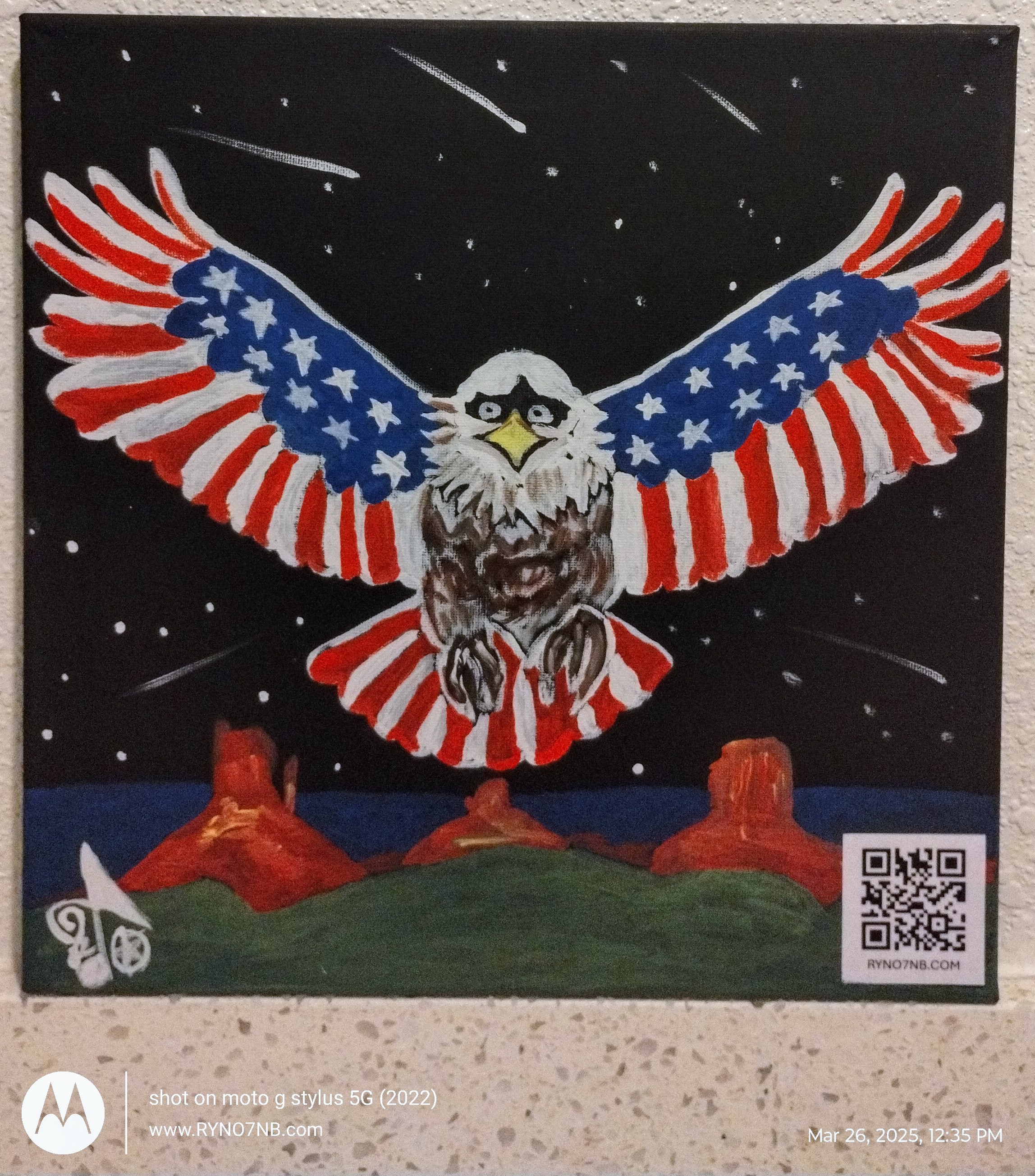 April 2025 original acrylic painting of patriot eagle with USA flag wings design.