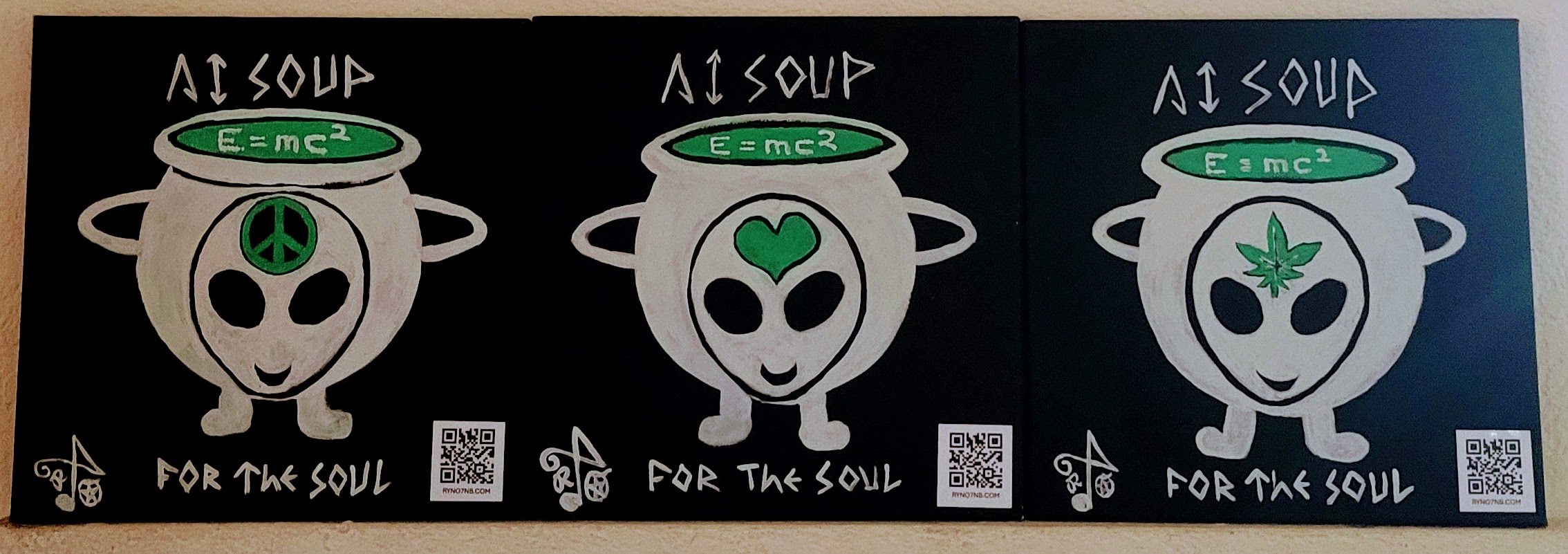January 2025 original acrylic painting of AI (Alien Intel) soup 3 version (Peace + Love + Harmony).